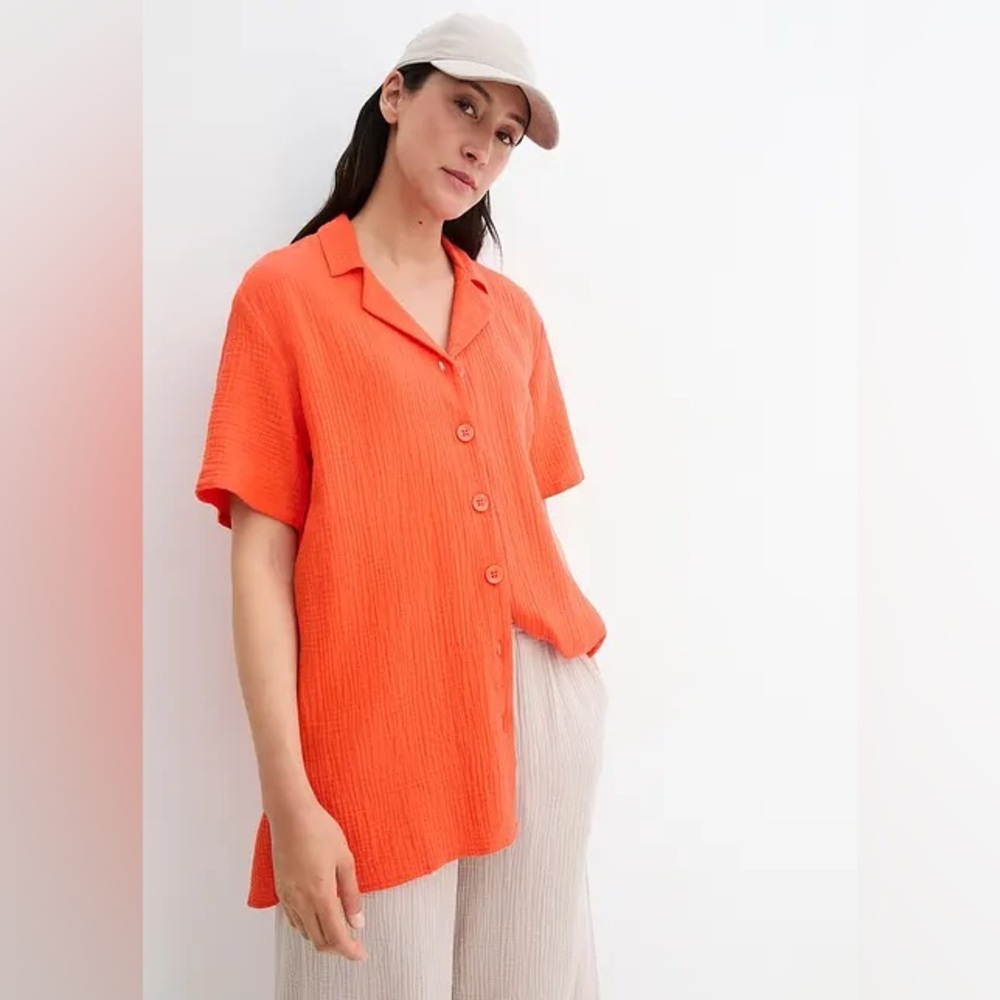 Kensie Orange Muslin Short Sleeve Shirt Womens size S